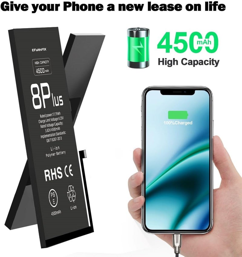 EFAITHFIX 4500mAh Upgraded Replacement Battery Compatible with iPhone 8 Plus, High Capacity New 0 Cycle A+ Battery Replacement for iPhone 8 Plus, Model A1864 A1897 A1898 with Complete Repair Tool Kit - Image 4